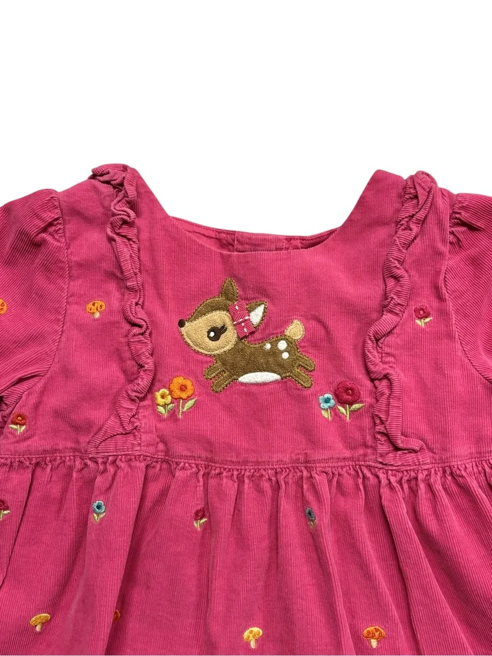 Gymboree | Pink Corduroy Deer Floral Mushroom Embroidered Tiered Dress